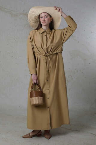 Önü Bağlamalı Gömlek Elbise Bej - 1