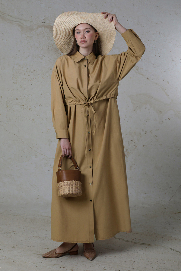 Önü Bağlamalı Gömlek Elbise Bej - 1