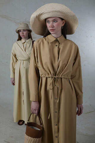 Önü Bağlamalı Gömlek Elbise Bej - 2