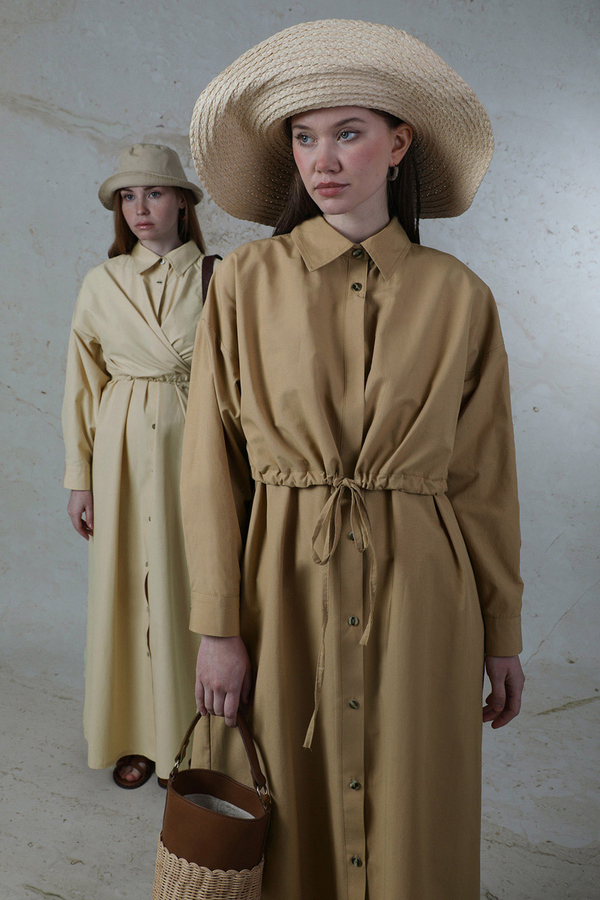 Önü Bağlamalı Gömlek Elbise Bej - 2