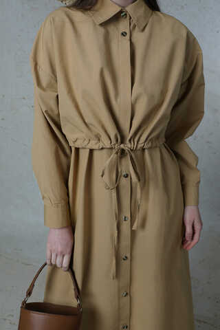Önü Bağlamalı Gömlek Elbise Bej - 4