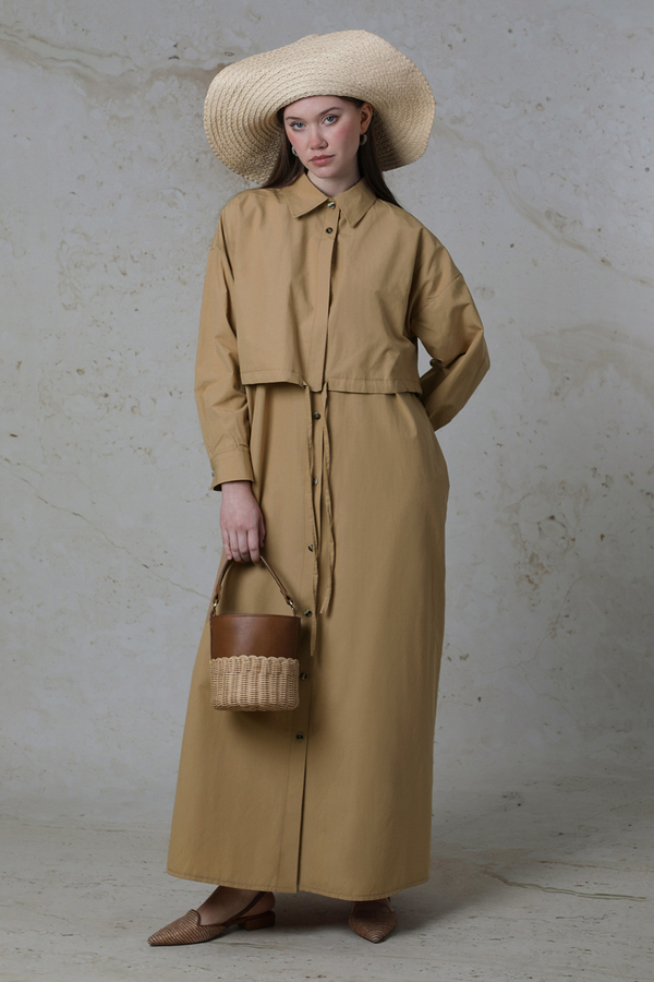 Önü Bağlamalı Gömlek Elbise Bej - 5