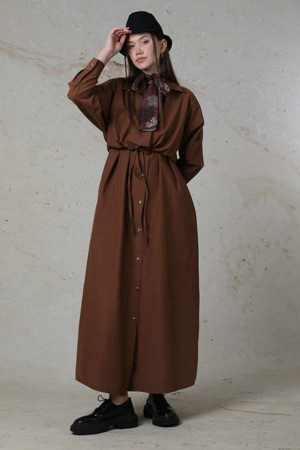 Önü Bağlamalı Gömlek Elbise Kahverengi - 7