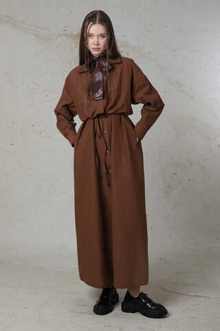 Önü Bağlamalı Gömlek Elbise Kahverengi - 5