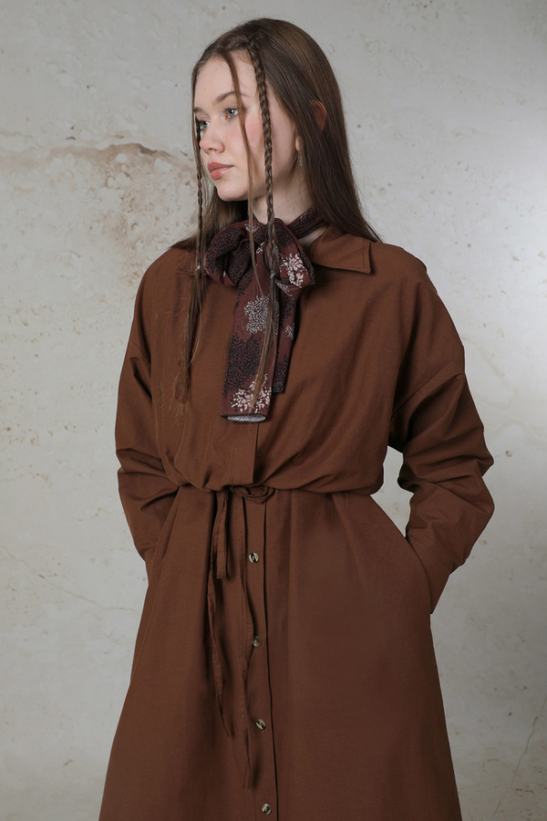 Önü Bağlamalı Gömlek Elbise Kahverengi - 8