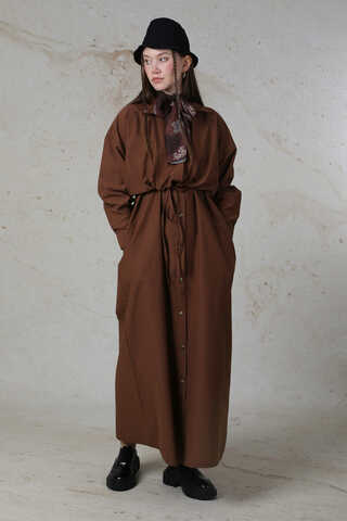 Önü Bağlamalı Gömlek Elbise Kahverengi - 9