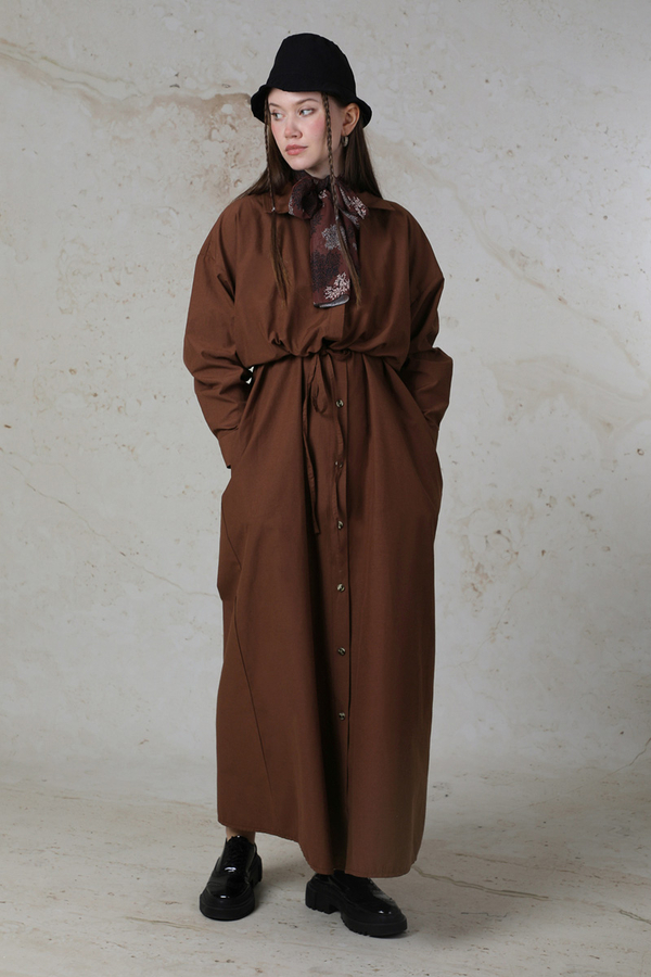 Önü Bağlamalı Gömlek Elbise Kahverengi - 9