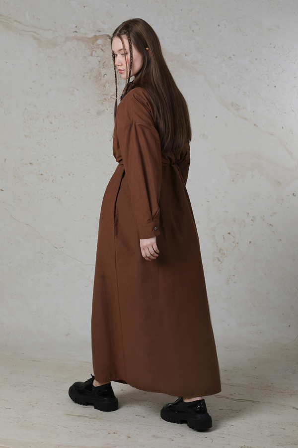 Önü Bağlamalı Gömlek Elbise Kahverengi - 10