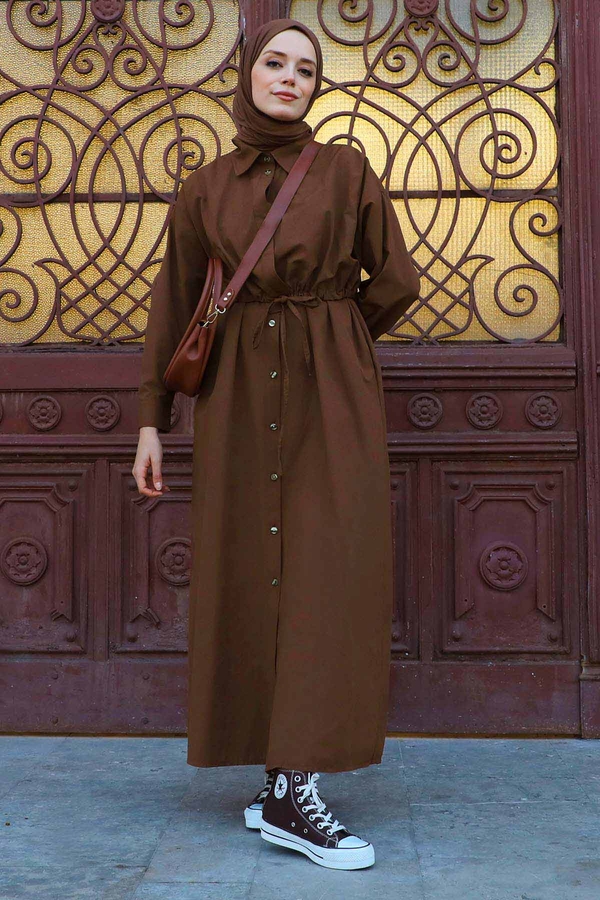 Önü Bağlamalı Gömlek Elbise Kahverengi - 1