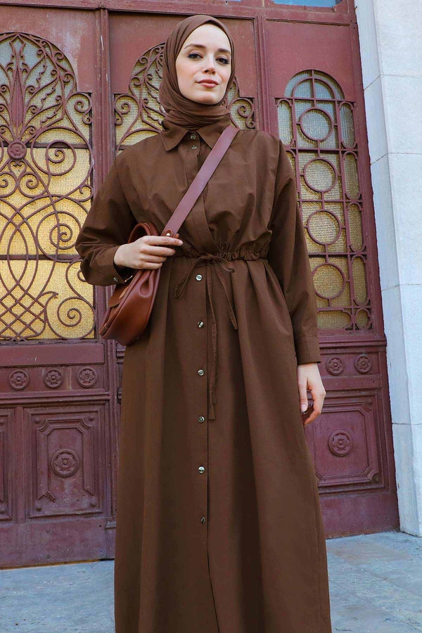 Önü Bağlamalı Gömlek Elbise Kahverengi - 3