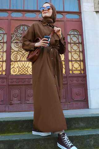 Önü Bağlamalı Gömlek Elbise Kahverengi - 2