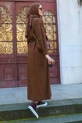 Önü Bağlamalı Gömlek Elbise Kahverengi - 4