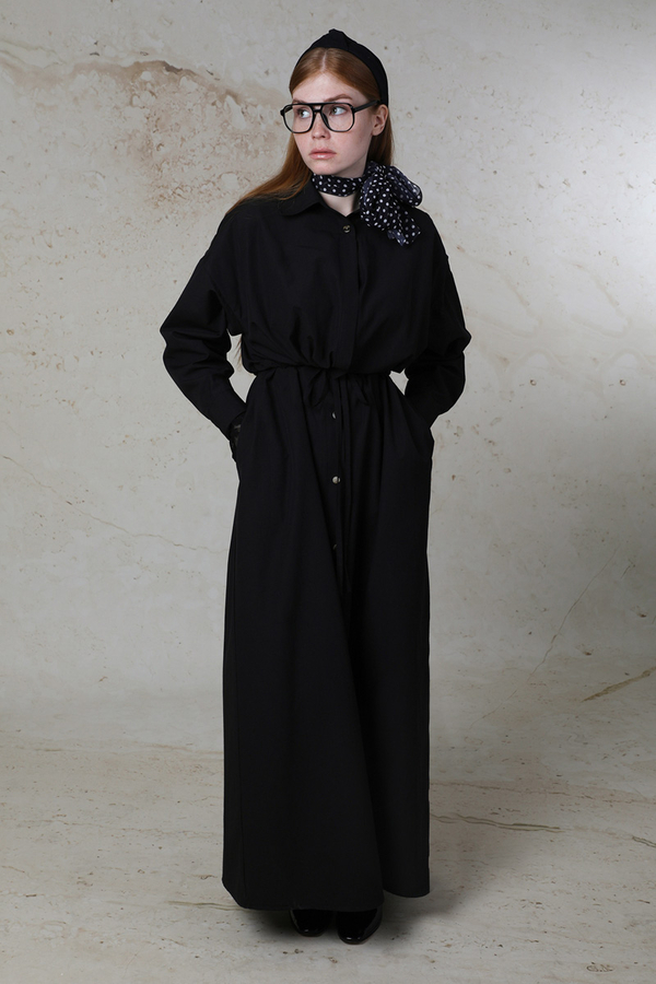 Önü Bağlamalı Gömlek Elbise Siyah - 9