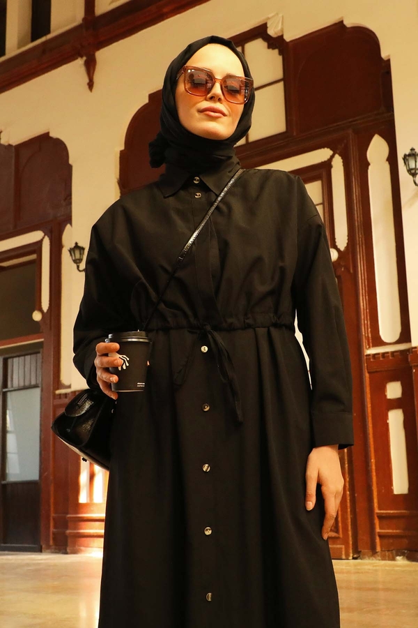 Önü Bağlamalı Gömlek Elbise Siyah - 3
