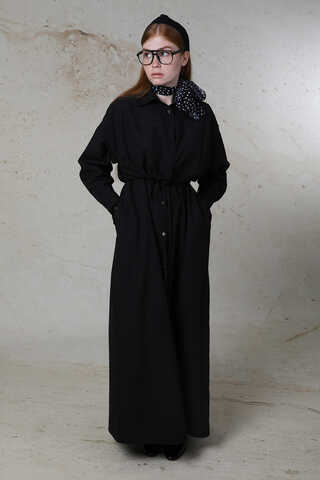 Önü Bağlamalı Gömlek Elbise Siyah - 9