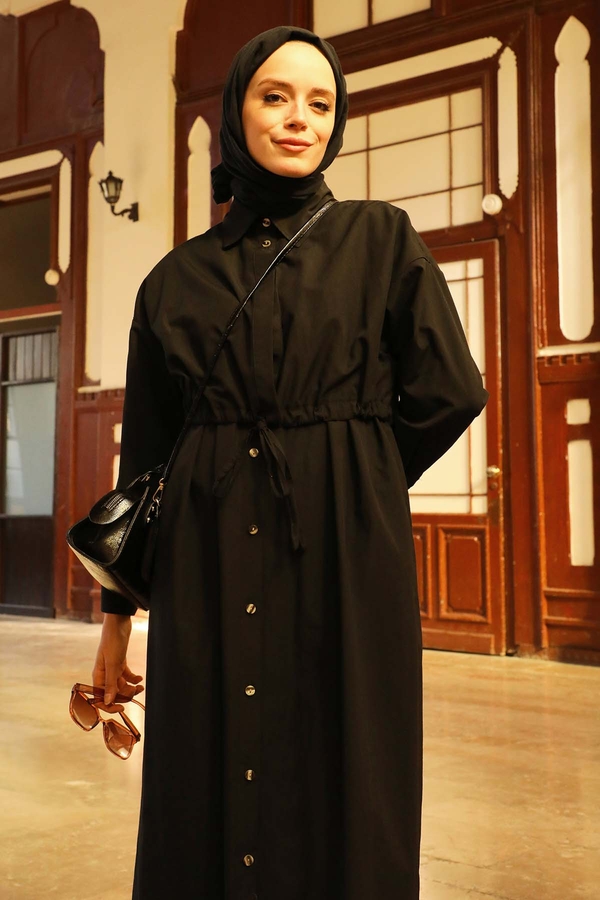 Önü Bağlamalı Gömlek Elbise Siyah - 4