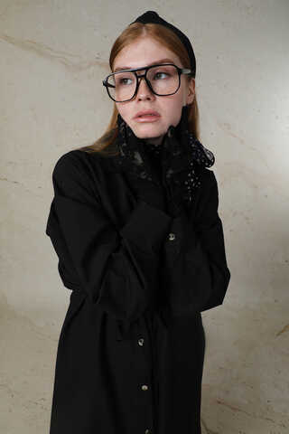 Önü Bağlamalı Gömlek Elbise Siyah - 8