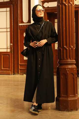 Önü Bağlamalı Gömlek Elbise Siyah - 1