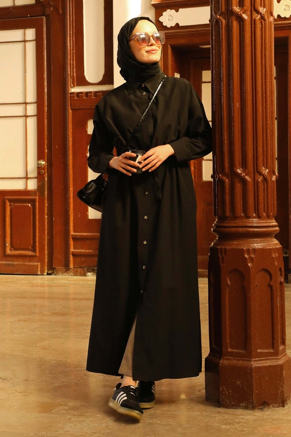 Önü Bağlamalı Gömlek Elbise Siyah - 1