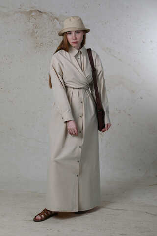 Önü Bağlamalı Gömlek Elbise Taş - 2