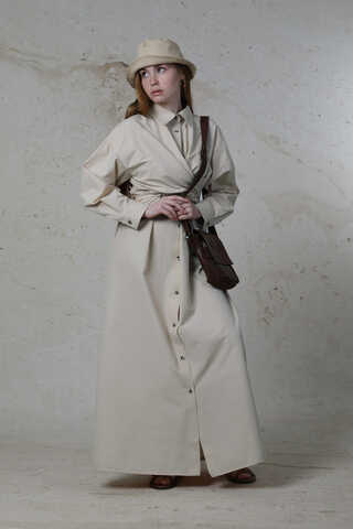 Önü Bağlamalı Gömlek Elbise Taş - 1