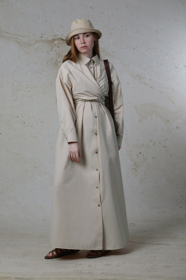 Önü Bağlamalı Gömlek Elbise Taş - 3