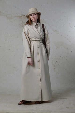 Önü Bağlamalı Gömlek Elbise Taş - 3