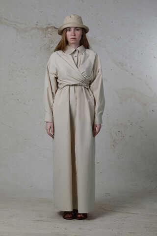 Önü Bağlamalı Gömlek Elbise Taş - 4