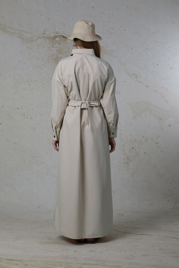 Önü Bağlamalı Gömlek Elbise Taş - 5