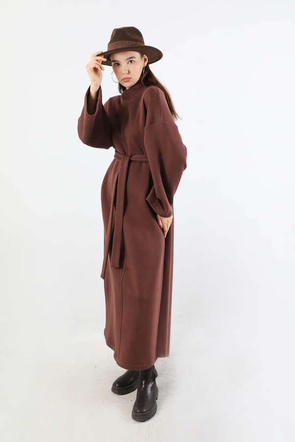 Önü Dikişli Oversize Elbise Kahverengi 