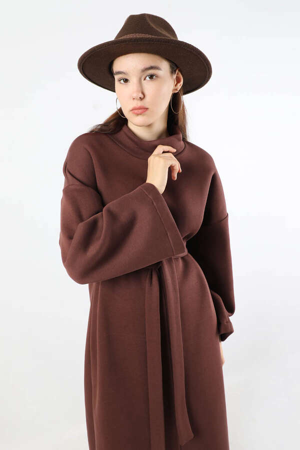 Önü Dikişli Oversize Elbise Kahverengi - 2