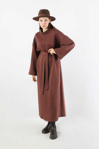 Önü Dikişli Oversize Elbise Kahverengi - 5