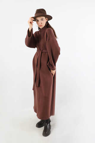 Önü Dikişli Oversize Elbise Kahverengi - 1