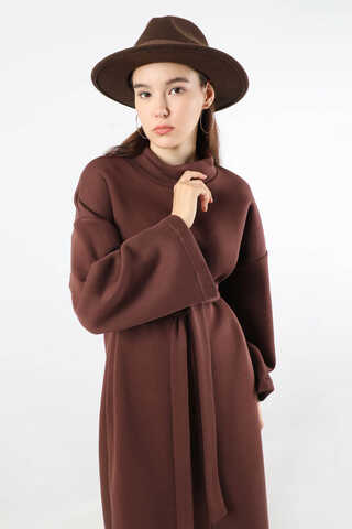 Önü Dikişli Oversize Elbise Kahverengi - 2