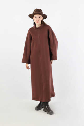 Önü Dikişli Oversize Elbise Kahverengi - 3