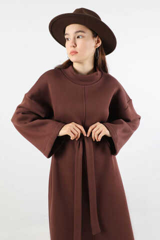 Önü Dikişli Oversize Elbise Kahverengi - 4