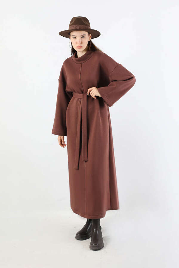 Önü Dikişli Oversize Elbise Kahverengi - 5