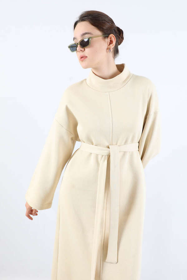 Önü Dikişli Oversize Elbise Krem - 2