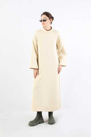Önü Dikişli Oversize Elbise Krem - 3
