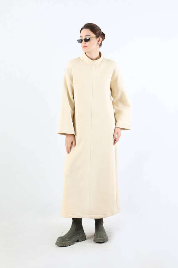 Önü Dikişli Oversize Elbise Krem - 3