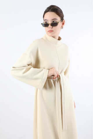 Önü Dikişli Oversize Elbise Krem - 4