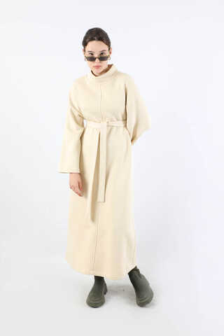 Önü Dikişli Oversize Elbise Krem - 5