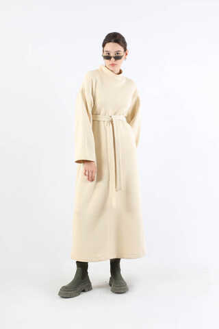 Önü Dikişli Oversize Elbise Krem - 1