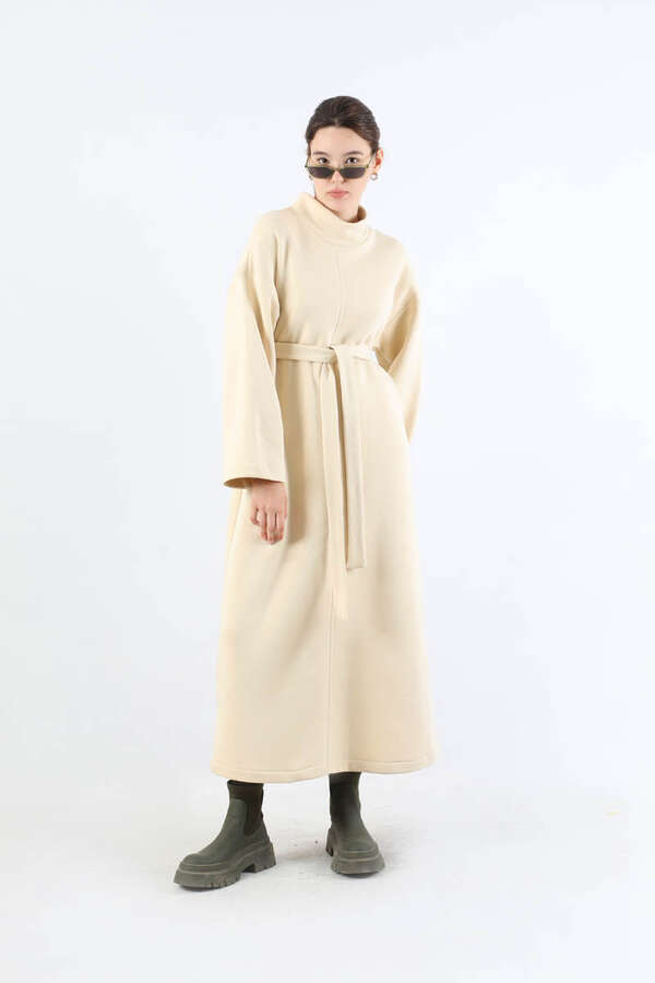 Önü Dikişli Oversize Elbise Krem - 1