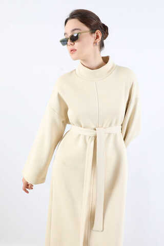 Önü Dikişli Oversize Elbise Krem - 2