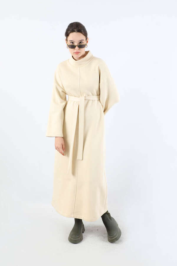 Önü Dikişli Oversize Elbise Krem - 5