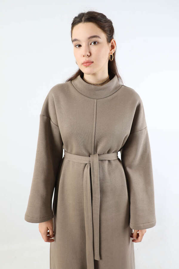 Önü Dikişli Oversize Elbise Toprak - 2