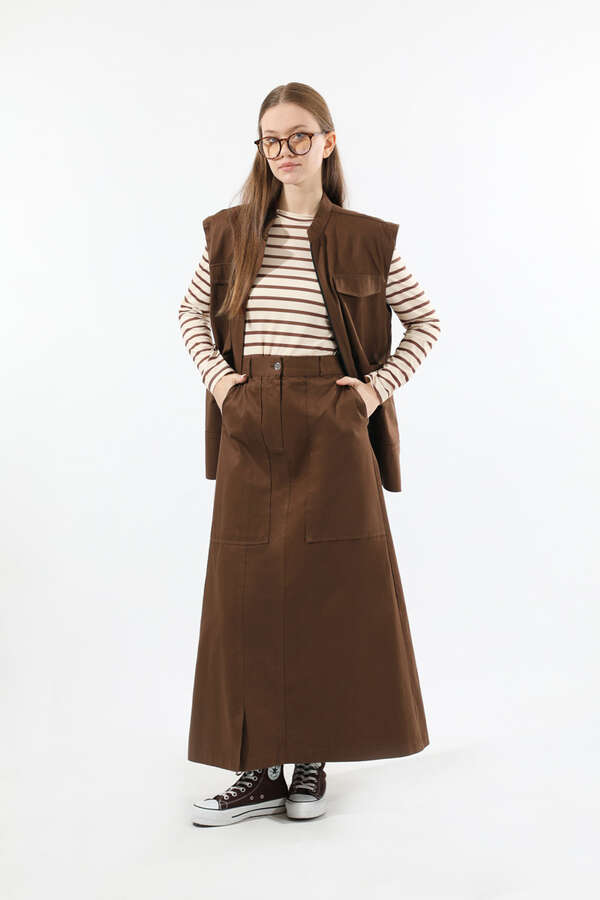 Önü Fermuarlı Yelek Etek Takım Kahverengi - 1