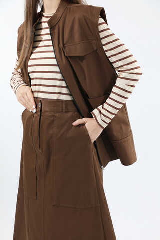 Önü Fermuarlı Yelek Etek Takım Kahverengi - 2