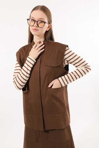 Önü Fermuarlı Yelek Etek Takım Kahverengi - 4